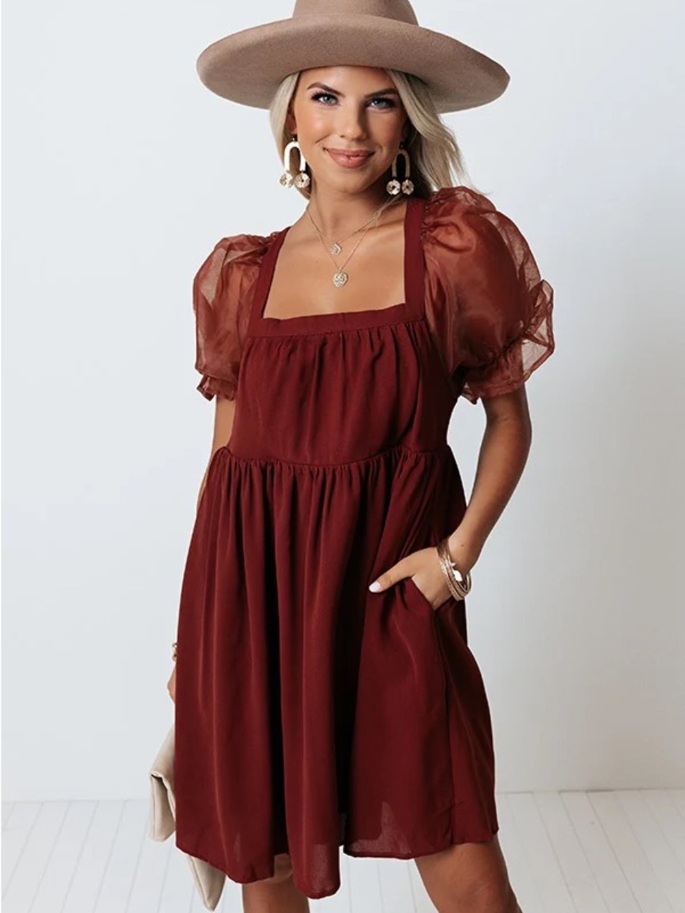 Entro Babydoll Organza Square Neck Puff Sleeve Dress in Burgundy